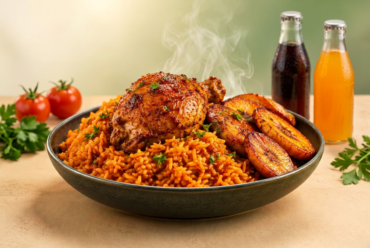 Steaming Nigerian jollof rice with grilled chicken, fried plantain, and chilled drinks